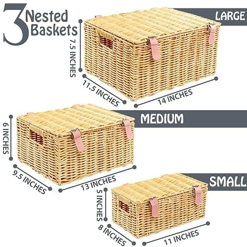 Wicker Storage Baskets with Lids – Set of 3 (Large, Medium, Small) for Organizing Clothes, Toys, Books – Cute Organizer Stackable Basket with Lid for Bedroom, Nursery, and Home Decor thumbnail 2