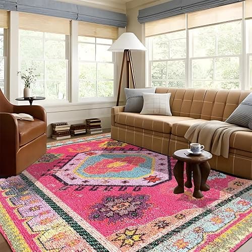 5x7ft Area Rugs Living Room Rug Pink Washable Vintage Boho Rug No Slip Stain Resistant Carpet Floor Carpets for Bedroom Dining Room Farmhouse Hallway Home Office thumbnail 4