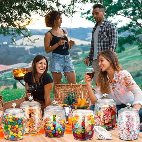 Nuogo 6 Pcs Plastic Candy and Cookie Jar with Lids Decorative Apothecary Jars Candy Buffet Containers Clear Airtight Food Storage Canister Home Decoration(64 oz,Classic) thumbnail 6