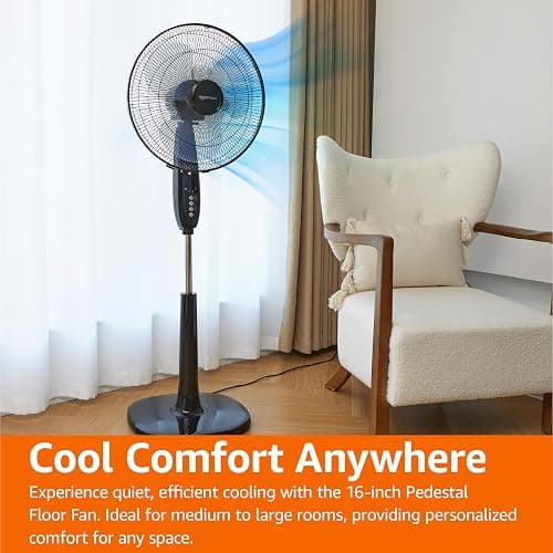 Amazon Basics 16" Pedestal Fan with Remote for Bedroom, Living Room, Office, Adjustable Height, Dual-Layered Blades, 3 Speeds, 3 Modes, Timer, Tilt Head, 60W, Black thumbnail 5