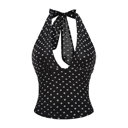 Women's Y2K Mesh Halter Top Sexy V Neck Backless Open Back Leopard Cheetah Print Polka Dot Going Out Tops for Women thumbnail 5