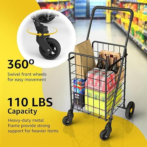 Our Modern Space Shopping Cart & Large 360° Swivel Wheels | Foldable Collapsible & Lightweight | Perfect for Groceries Laundry Utility Cart - Black thumbnail 3