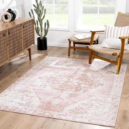 BoutiqueRugs Blush & Light Pink Collection Snead Bohemian Oriental Medallion Area Rug - Traditional Floral Carpet for Living Room, Bedroom - Blush, Pale Pink, Cream - 3'11" x 5'7" - 3'11" x 5'7" (Rectangular) - Pale Pink, Plum, Peach / Snead thumbnail 2
