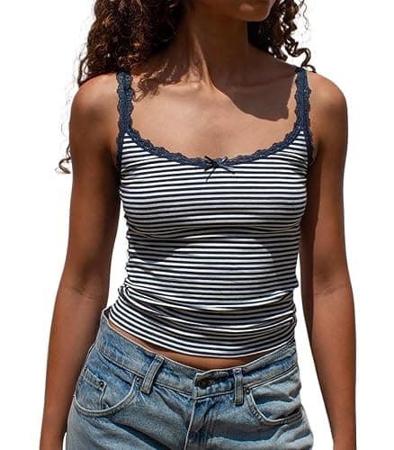 Cioatin Women Cute Y2K Lace Patchwork Striped Bow Crop Cami Tops Sleeveless Tight Fit Preppy Aesthetic Tank Going Out - Image 1