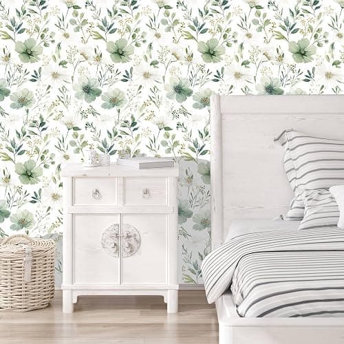 Akodm Sage Green Floral Peel and Stick Wallpaper Self Adhesive Removable Modern for Bedroom Accent Wall Renter Friendly Thick Watercolor Natural Flower Wallpaper 17.7" x 393.7" thumbnail 5