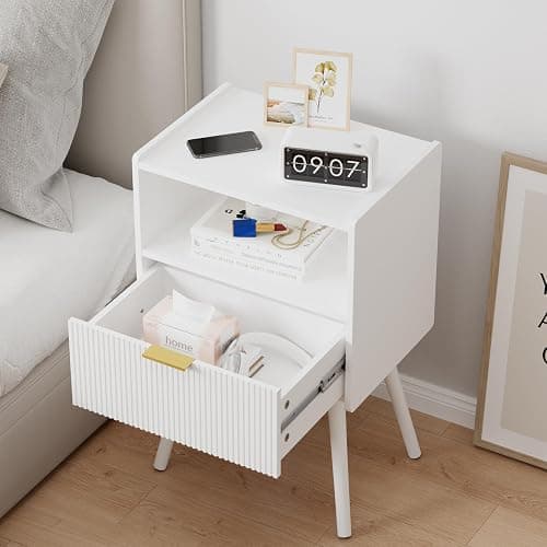 JOONEE White Nightstand,Modern Bedside Table with Storage Drawer and Open Wood Shelf, for Living Room, Bedroom and Small Spaces, Accent Night Stand with Solid Wood Legs, Easy Assembly,Classic White thumbnail 5