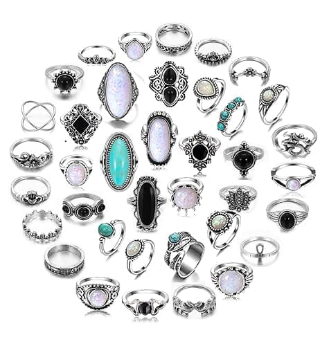 Mixcbe Vintage Silver Knuckle Rings Set for Women Western Turquoise Rings Bohemian Midi Ring Bulk, Chunky Rings,Retro Stone Crystal Stackable Joint Finger Ring Pack - Image 1