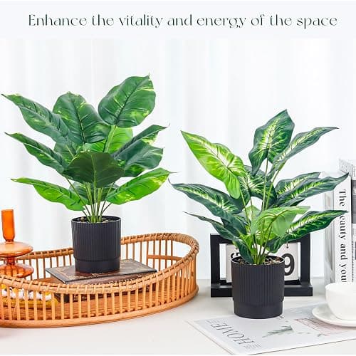 Der Rose 2 Pack 16" Fake Plants Black Pot for Office Bathroom Decor | Tropical artificial plants，bendable leaves，easy to place on desk shelf bathroom，maintenance-free thumbnail 2