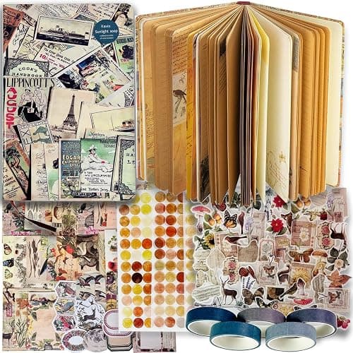 212 Pcs DIY Vintage Journal Set for Women Gifts Scrapbook Diary Supplies including Aesthetic Bullet Journals, Scrapbook Paper, Washi Stickers, Tape, Dot Stickers - Image 1