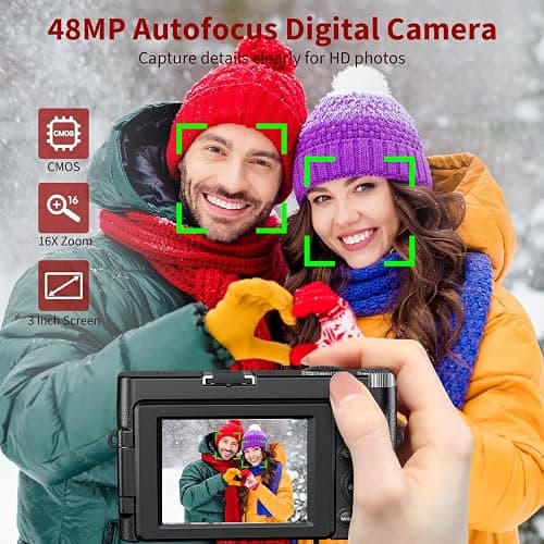 4K Digital Camera for Photography and Video, Autofocus Anti-Shake 48MP Vlogging Camera for YouTube, 3'' 180°Flip Screen Camera with Flash 16X Zoom, Digital Camera with 32GB Card Battery Charger - Black thumbnail 3