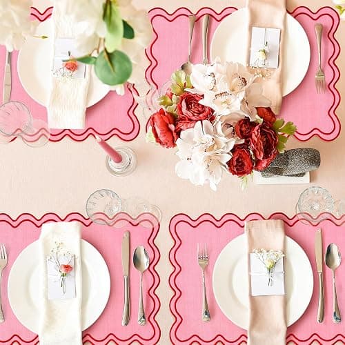 Whaline Pink Red Placemats Embroidered Scalloped Kitchen Place Mats for Wedding Baby Shower Party Home Dining Table Decor, Set of 6, 13 x 19 in thumbnail 7
