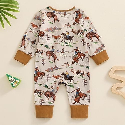 Karwuiio Baby Boy Girl Western Clothes Cow Print Long Sleeve Romper Jumpsuit One Piece Newborn Fall Winter Outfit - 0-3 Months - Western Print-light Brown thumbnail 7