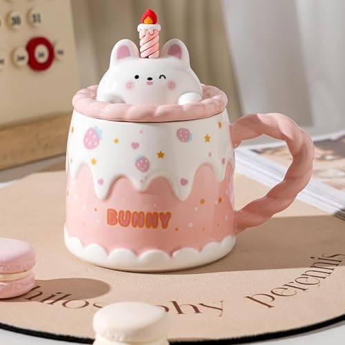 GawmFoiuy Adorable Cake Ceramic Coffee Mug - Elegant Birthday Gift for Women and Girl, Cute Rabbit Cup with Sweet Design, Perfect Present for Her Daily Tea & Coffee(Model A) thumbnail 6