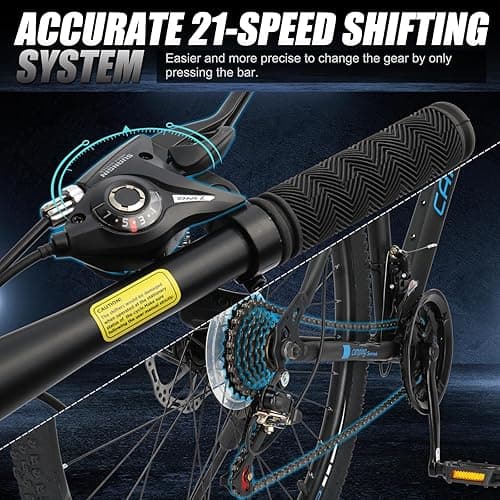 CamPingSurvivals 26/27.5" Mountain Bike 21 Speed Bikes for Adults, Men & Women Mountain Bike with High Carbon Steel Frame, All-Terrain Tires, Double Disc Brake and Suspension Fork - Blue - 27.5" thumbnail 4