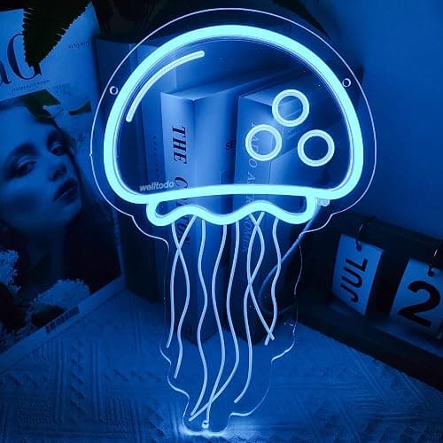 welltodo Jellyfish Neon Signs,Cool Ice Blue Neon Sign for Wall Décor, LED Neon Light Sign for Girls Bedroom Ocean Display Room,Kids Birthday Gift, Wedding Party, Holiday Decoration Powered by USB thumbnail 4
