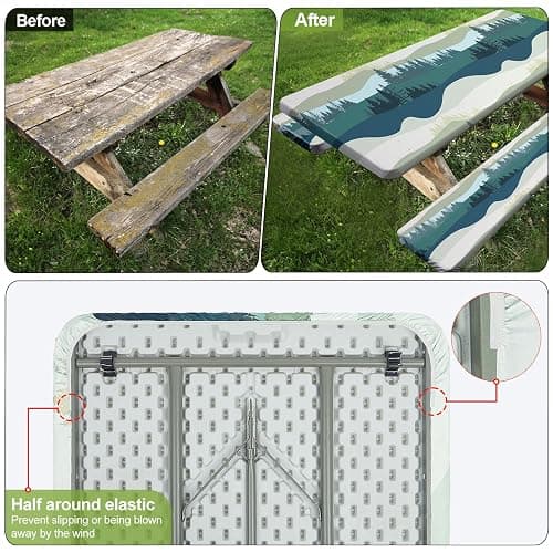 Picnic Table Cover with Bench Covers Camping Essentials Waterproof Windproof Camping Tablecloth with Drawstring Bag, Fitted Rectangle Tables and Seats, 72in, Green Blue thumbnail 6