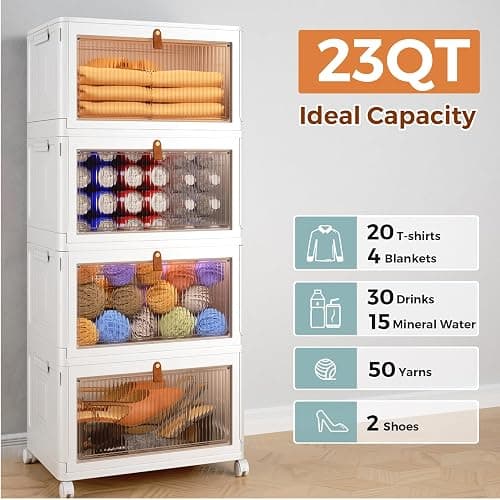 Wise Oannes 4 Tier Storage Bins with Lids, 23QT Stackable Closet Organizers and Storage with Wheels, Collapsible Storage Boxes, Foldable Plastic Storage Containers for Home,Office, Dorm Room - White thumbnail 3