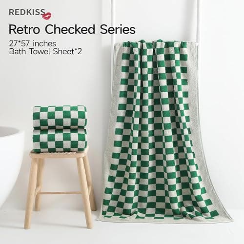 REDKISS Green Checkered Bath Towels Set - 2 Piece Large Shower Towels for Bathroom Decoration, Highly Absorbent Cotton Bath Towel of 2, Cute Checkered Shower Retro Towel for Bathroom thumbnail 3