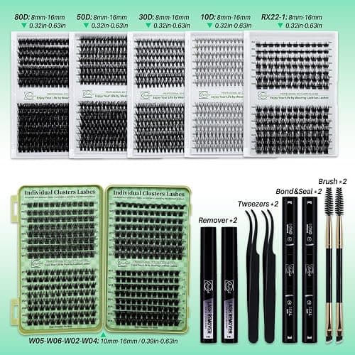 LASHSUN Lash Clusters Kit Wispy Eyelash Clusters Kit 1672PCS Multi-Type DIY Lashes Pestañas Postizas Naturales+Lash Bond and Seal*2,Remover*2,Lash Tweezers*2,Mascara Brush*2(6 Boxes Kit-2) thumbnail 9