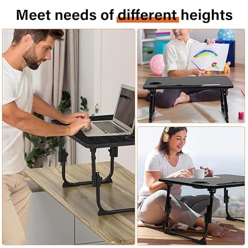 DECOSIS Laptop Desk for Bed Height Adjustable, Lap Bed Table with USB/Storage Drawer/Cup Holder/Tablet Stand/Book Shelf, Foldable Breakfast Tray Portable for Reading Writing, Sofa & Floor, Black thumbnail 7