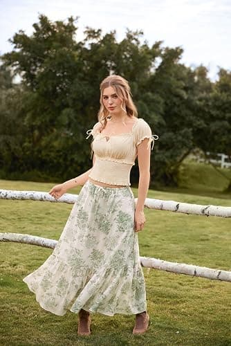 Scarlet Darkness Floral Maxi Skirts for Women 2026 Summer Flowy Ruffle Long Skirt with Pokets thumbnail 2