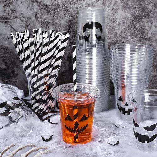 Whaline 60Pcs Halloween Disposable Plastic Cups with Lids and Straws 12oz Jack-O-Lantern Pumpkin Cold Beverage Drinking Cups Scary Printed Party Cup for Trick or Treat Party Supplies thumbnail 2