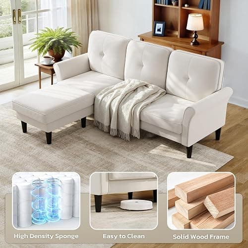 Welzona Sectional Couches for Living Room, 83" Velvet Modern 3 Seater Sofa, L Shaped Couch with Ottoman, Small Sectional Couch Sofas for Living Room, Bedroom, Apartment, Office, Beige Sofa - Beige White - 83" L Shaped thumbnail 6