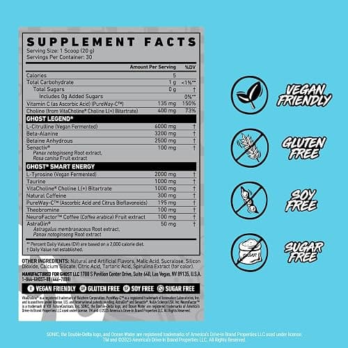 GHOST Legend Pre-Workout Powder, Sonic Ocean Water - 30 Servings – Pre-Workout for Men & Women with Choline, L-Citrulline, & Beta Alanine for Energy & Focus thumbnail 2