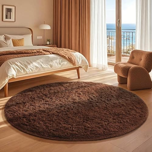 Ophanie Round Rug 4Ft Brown Circle Area Rug, Fluffy Fuzzy Small Bedroom Carpet, Plush Soft Shaggy Floor Living Room Circular Christmas Decor for Kids Boys Girls Home Aesthetic, Nursery, Classroom thumbnail 5