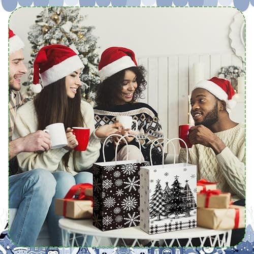 Fourluoo 30 Pack Winter Paper Gift Bags with Handles Black and White Winter Snowman Tote Bags 5.9 x 3.1 x 8.3 Inch Christmas Party Favor Snow Pine Candy Gift Handbag for Xmas Party Supplies thumbnail 4
