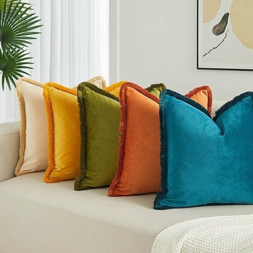 JUSPURBET Olive Green Decorative Velvet Fringe Throw Pillow Covers 18x18 Set of 2 Boho Soft Cushion Case for Home Decor Living Room Couch Sofa Bed thumbnail 4