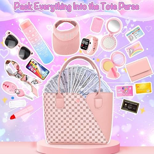 Oisacirg Sports Purse with Sun Hat, Pretend Play Toys for Girls Ages 3-8 | Tote Handbag, Water Bottle, Toy Phone and Watch, Pretend Makeup, Scarf for Role Play, Birthday Gifts, Mom-Daughter Bonding thumbnail 6
