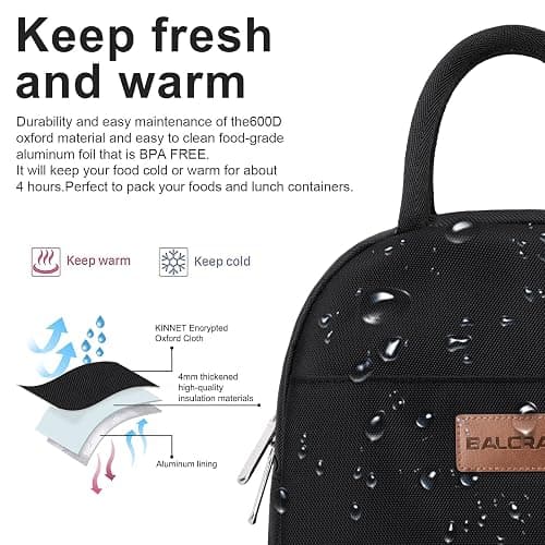 BALORAY Lunch Bag for Women Men Insulated Lunch Box for Adult Reusable Lunch Tote Bag for Work, Picnic or Travel (Solid Black) thumbnail 5
