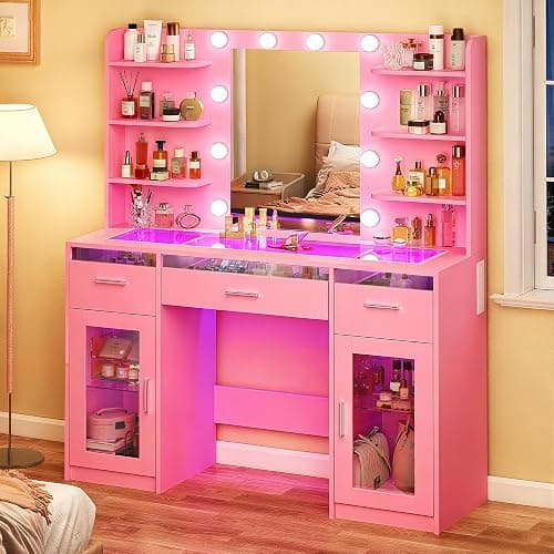 HUAHUU Vanity Desk, Makeup Vanity Desk with Mirror and Lights 3 Colors, Transparent Top with 3 RGB Drawers, 6 Shelves, 2 Large Tempered Cabinets, Power Outlet, for Bedroom, Pink - Image 1