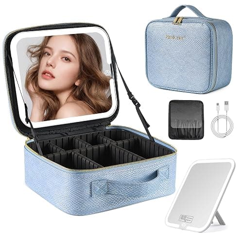 PRALENA Portable Travel Makeup Bag with Mirror and Light - 3 Colors,Adjustable Brightness Spacious Cosmetic Organizer,Mermaid Shine Blue - Image 1
