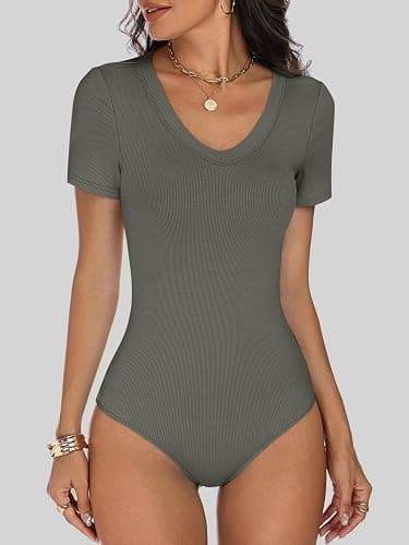 ANRABESS Bodysuits for Women V Neck Short Sleeve Body Suit Tops Slim Fit Ribbed Knit Soft Basic T-Shirts 2026 Summer Outfits thumbnail 2