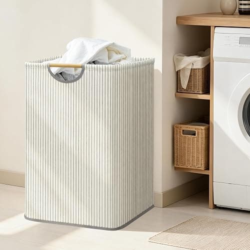 STORAGE MANIAC 2-Pack Large Laundry Hamper, 100L (26.4 Gal) Collapsible Laundry Basket with Bamboo Handles, Freestanding Waterproof Clothes Hamper for Laundry Room, Bedroom, Dorm, Towels, Stripe thumbnail 6