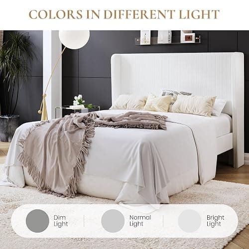 SHA CERLIN Full Size Corduroy Upholstered Platform Bed Frame with Vertical Channel Tufted Wingback Headboard, 8" Under Bed Storage, Wooden Slats & Metal Frame Support, Easy Assembly, White thumbnail 9