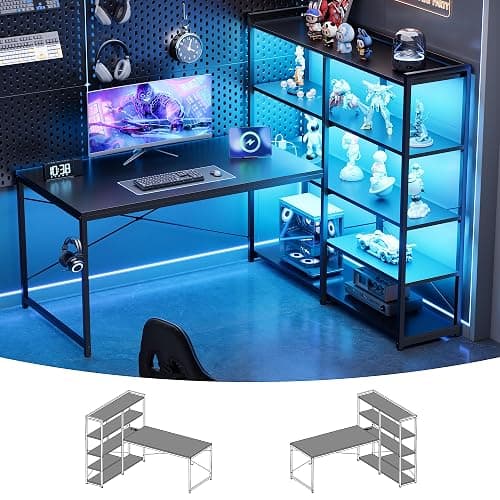 Pamray 49 Inch L Shaped Gaming Computer Desk with Shelves and Storage | Compact Reversible Design with LED Lights & Power Outlets, Suitable for Home Office Bedroom Small Spaces and Dorm Study Work - Image 1