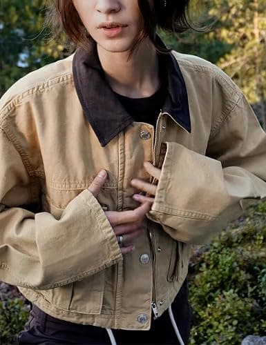 Megfie Womens Cropped Jacket Contrast Collar Utility Coat Cargo Jacket Barn Jacket Outwear with Pockets thumbnail 3