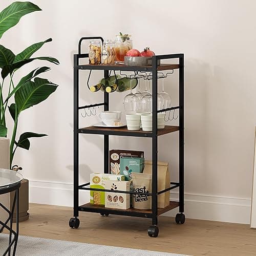 Bar Cart for The Home, 3 Tier Kitchen Carts with Wheels, Small Rolling Cart with Glass Holders, Wine Rack, Mini Bar Cart for Kitchen, Dining room, Living Room, 13.0"D x 17.0"W x 33.8"H, Rustic Brown thumbnail 4