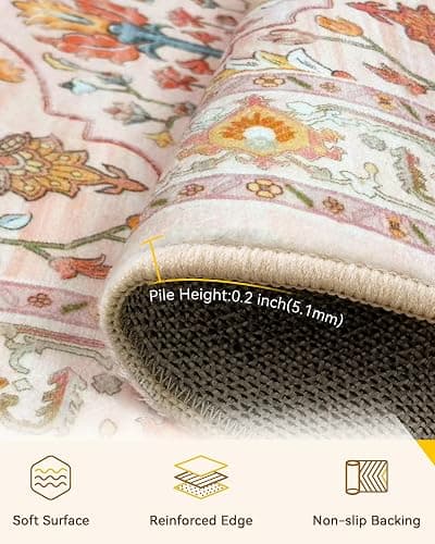 RELEANY Washable Area Rug, 8'x10', Pink/Light Pink/Colorful | Non-Slip, Water Repellent, Pet Friendly, Easy to Clean, Vintage Floral Boho Decor for Living Room Bedroom Dining Room thumbnail 4