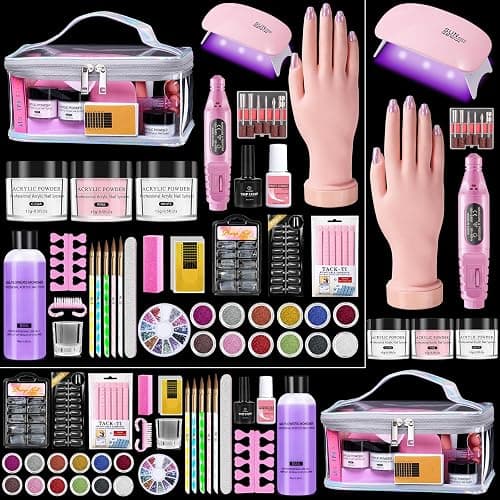 Kit Ongle Acrylique Gel Complet avec Main D'entrainement & Sac de Rangement | Poudre Acrylique Pour Ongles avec Poudres Acryliques, Lampe UV/LED, Ponceuse,12 Paillettes, D'autres Outils pour Débutantes - Image 1