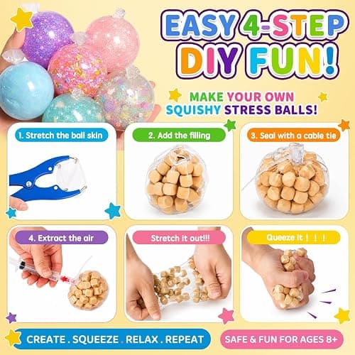 RYOXZEL DIY Stress Ball Making Kit, 12pcs Squishy TPR Ball Skins with 1lb Fillers, Make Your Own Squishies Set, Air Pump & Expander Tool Ties, Fidget Sensory Craft Kit for Stress Relief thumbnail 3