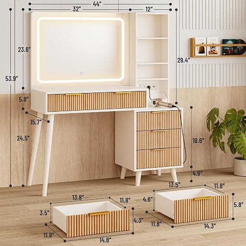Makeup Vanity Desk with Mirror and Lights, Makeup Vanity with 5 Drawers&Storage Shelves, Vanity Table with Power Outlet, 3 Color Adjustable Lighting Dressing Table Set for Bedroom Oak thumbnail 2