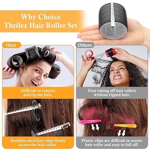 Thrilez 39PCS Hair Curlers Rollers with Clips Black Hair Roller with 3 Sizes 64mm 44mm 33mm, Jumbo Roller with 12PCS Duckbill Clips Hair Rollers for Long Medium Short Thick Fine Volume Bangs - 39PCS thumbnail 6