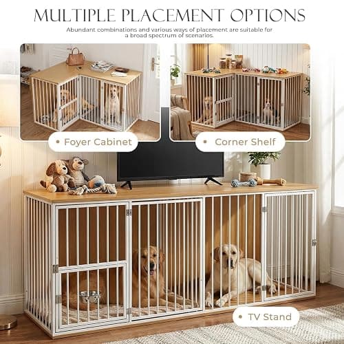 Large Double Dog Crate Furniture - TV Stand & Indoor Kennel with Adjustable Divider, Heavy Duty Wooden Pet House for 2 Large Breed Dogs, Removable Doors, with Rotating Feeder (White) thumbnail 6