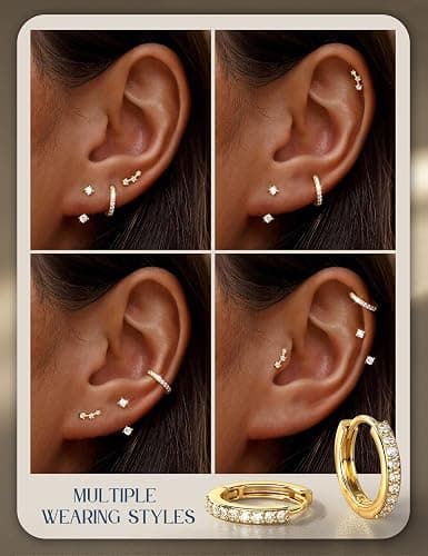 FIASASO 3 Pairs 925 Sterling Silver Hypoallergenic Earrings for Women Trendy - 14K Gold Plated Stud Hoop Cartilage Earrings Set Small Earring Stacks for Sensitive Ears Non Tarnish Dainty Silver Earring thumbnail 5