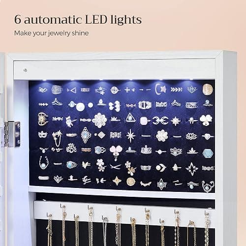 SONGMICS 6 LEDs Mirror Jewelry Cabinet, 47.2-Inch Tall Lockable Wall or Door Mounted Jewelry Armoire Organizer with Mirror, 2 Drawers, Christmas Gift, 3.9 x 14.6 x 47.2 Inches, White thumbnail 5
