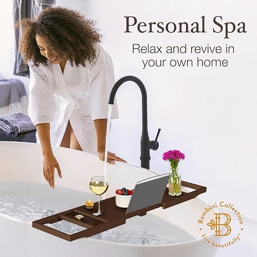 Foldable Bathtub Tray - Expandable Bamboo Bath Caddy with Wine, Book & Tablet Holder - Luxurious Bath Accessories, Perfect Spa Experience - Unique Gifts for Mom, Women, Couples, Housewarming (Brown) thumbnail 6